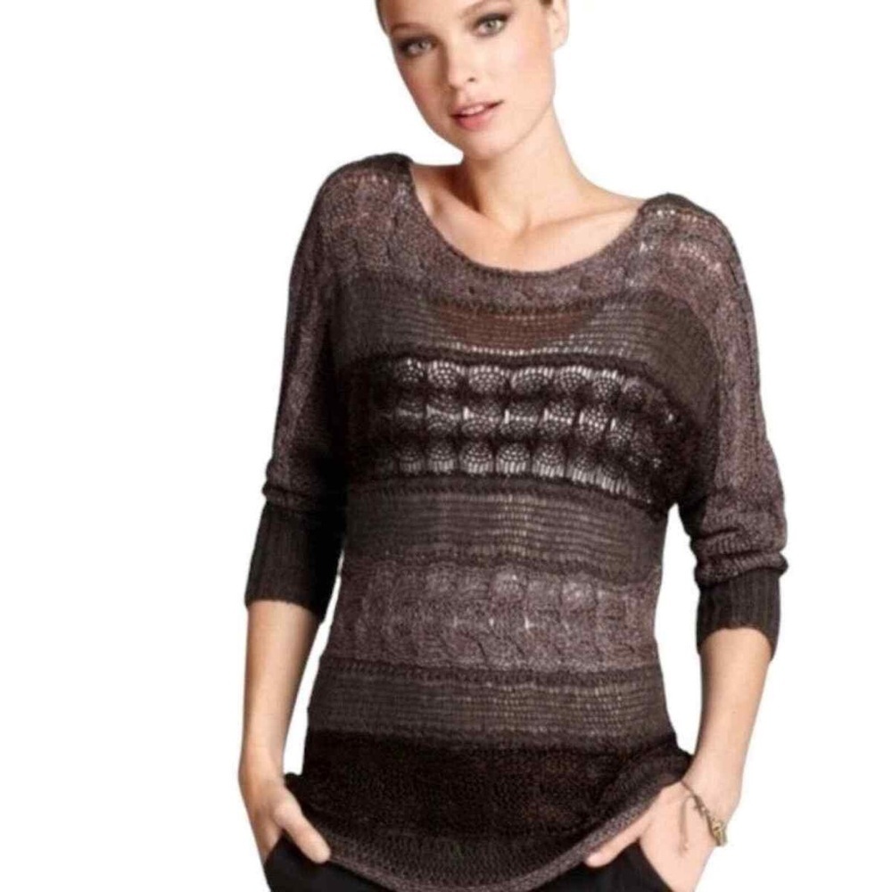 Alice + Olivia CABLEKNIT SPARKLE Striped Sweater Sz XS Mohair Brown Seethrough